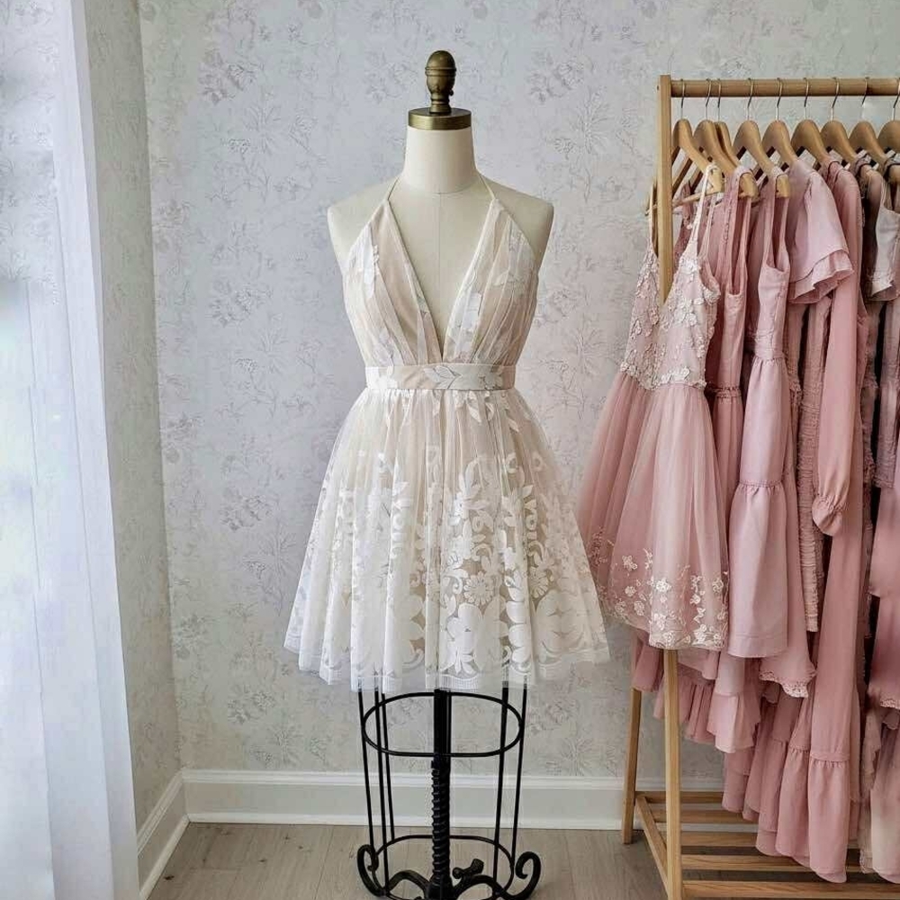 Ever After Elegant White Floral Lace Prom Dress